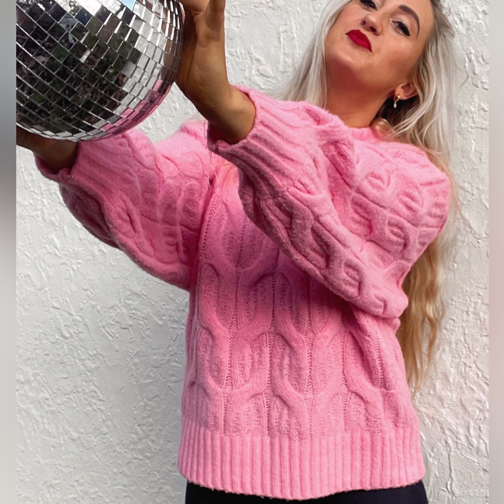 Cozy Pink Cable-Knit Crewneck Sweater
